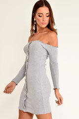 Grey Rib Bardot Button Down Mini Dress - Janora-Dresses