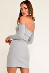 Grey Rib Bardot Button Down Mini Dress - Janora-Dresses