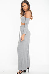 Grey Rib Bardot Crop Top Belted Trousers Co-Ord - Cecilia-Co-ords