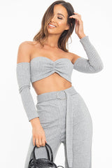 Grey Rib Bardot Crop Top Belted Trousers Co-Ord - Cecilia-Co-ords