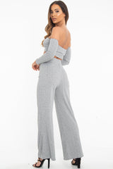 Grey Rib Bardot Crop Top Belted Trousers Co-Ord - Cecilia-Co-ords