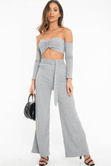Grey Rib Bardot Crop Top Belted Trousers Co-Ord - Cecilia-Co-ords