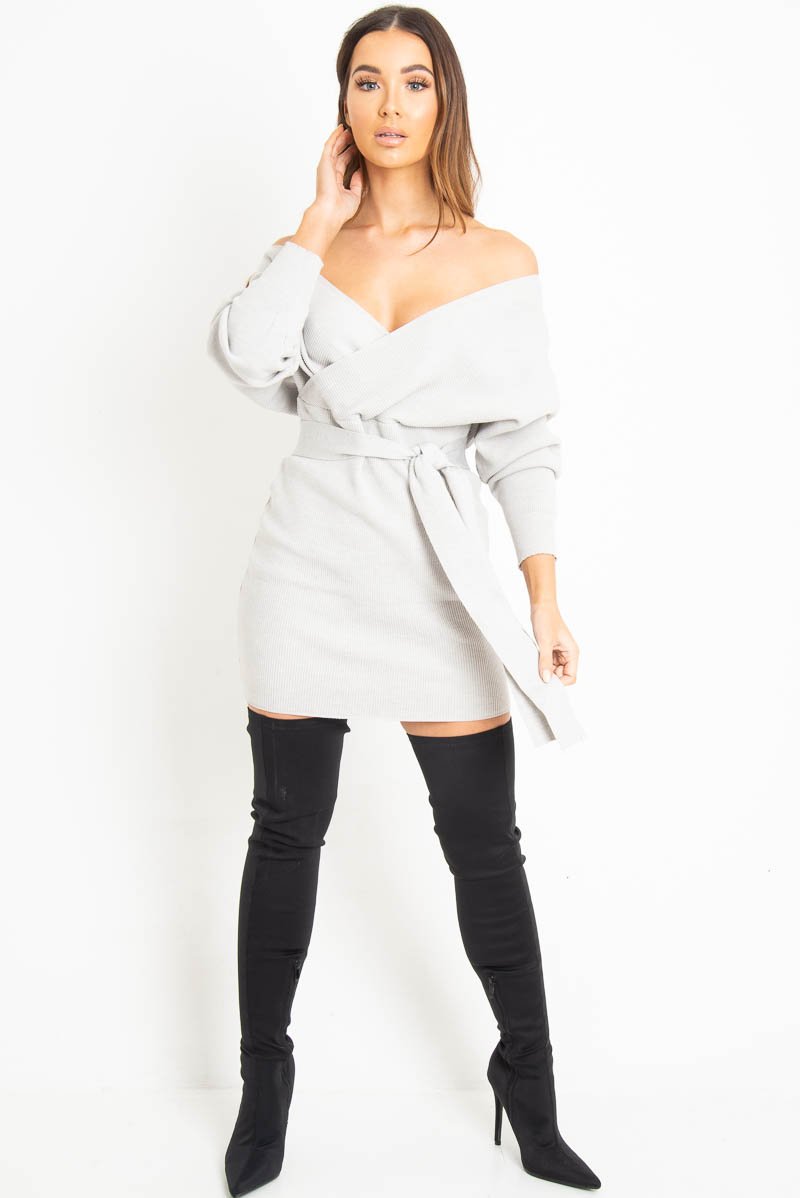 Grey Rib Belted Plunge Jumper Dress - Ember-Dresses