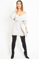 Grey Rib Belted Plunge Jumper Dress - Ember-Dresses