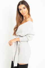 Grey Rib Belted Plunge Jumper Dress - Ember-Dresses