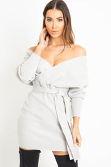 Grey Rib Belted Plunge Jumper Dress - Ember-Dresses