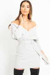 Grey Rib Belted Plunge Jumper Dress - Ember-Dresses