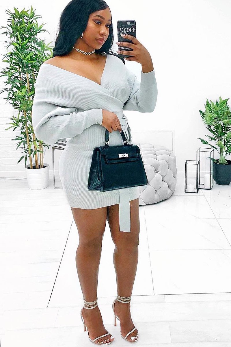Grey Rib Belted Plunge Jumper Dress - Ember-Dresses