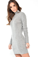 Grey Rib Bodycon Turtle Neck Mini Dress - Tesia-Dresses