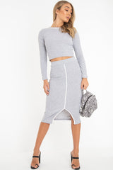 Grey Rib Contrast Piping Top Midi Skirt Co-Ord - Ibbie-Co-ords