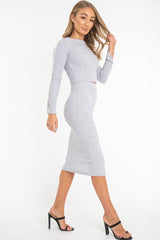 Grey Rib Contrast Piping Top Midi Skirt Co-Ord - Ibbie-Co-ords