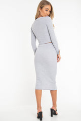 Grey Rib Contrast Piping Top Midi Skirt Co-Ord - Ibbie-Co-ords