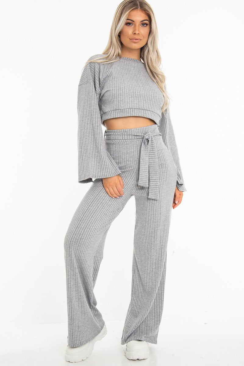 Grey Rib Crop Jumper Tie Wide Leg Trousers Loungewear Co-Ord - Mirabel-Loungewear