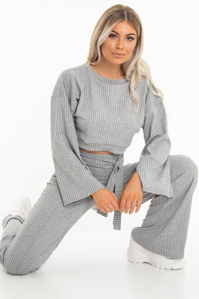 Grey Rib Crop Jumper Tie Wide Leg Trousers Loungewear Co-Ord - Mirabel-Loungewear