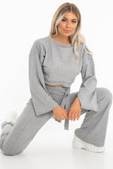 Grey Rib Crop Jumper Tie Wide Leg Trousers Loungewear Co-Ord - Mirabel-Loungewear