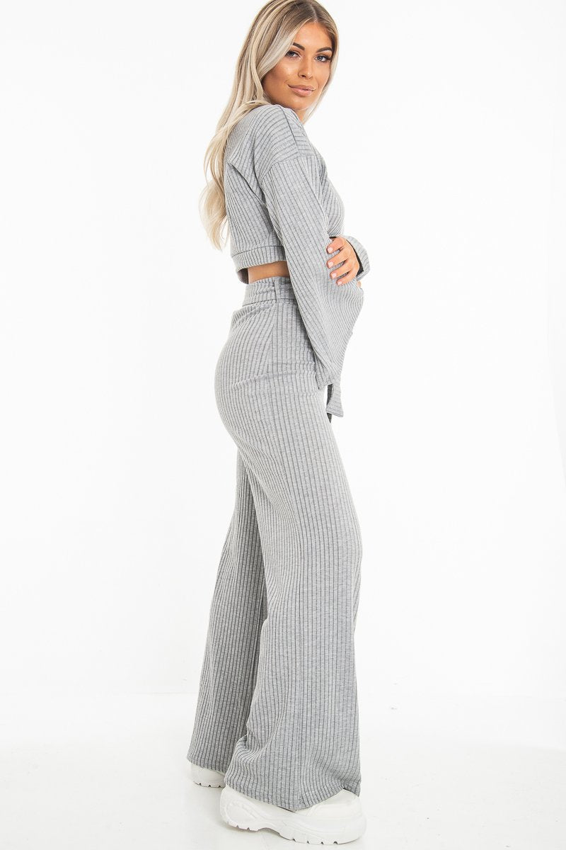 Grey Rib Crop Jumper Tie Wide Leg Trousers Loungewear Co-Ord - Mirabel-Loungewear