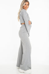 Grey Rib Crop Jumper Tie Wide Leg Trousers Loungewear Co-Ord - Mirabel-Loungewear
