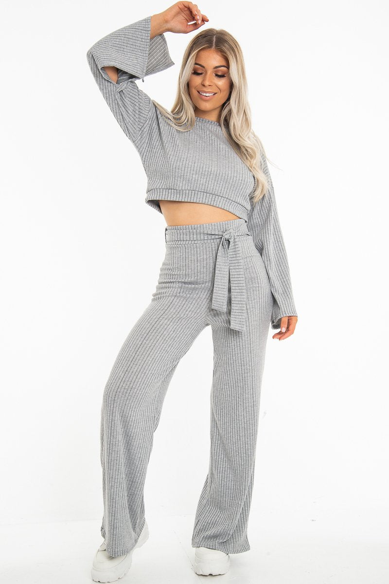 Grey Rib Crop Jumper Tie Wide Leg Trousers Loungewear Co-Ord - Mirabel-Loungewear