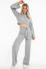 Grey Rib Crop Jumper Tie Wide Leg Trousers Loungewear Co-Ord - Mirabel-Loungewear