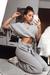 Grey Rib Crop Jumper Tie Wide Leg Trousers Loungewear Co-Ord - Mirabel-Loungewear