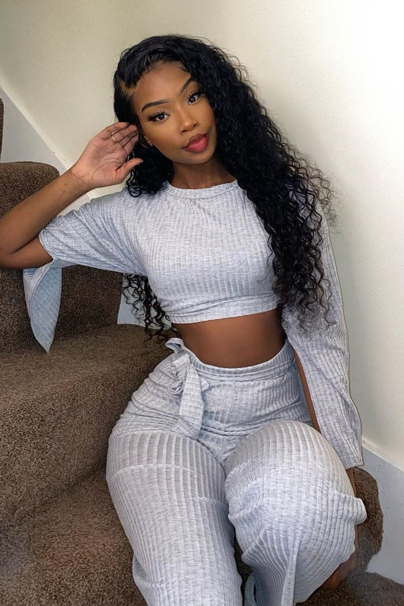 Grey Rib Crop Jumper Tie Wide Leg Trousers Loungewear Co-Ord - Mirabel-Loungewear