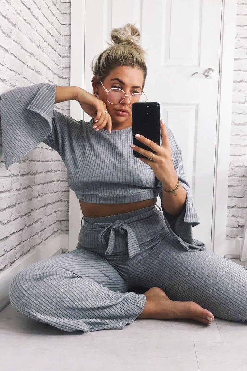 Grey Rib Crop Jumper Tie Wide Leg Trousers Loungewear Co-Ord - Mirabel-Loungewear