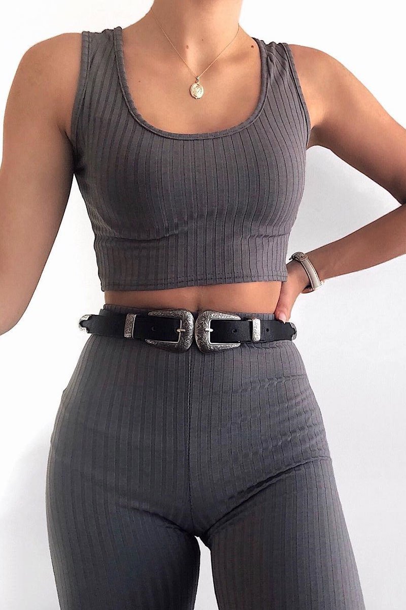 Grey Rib Crop Top Leggings Co-Ord - Elenah-Co-ords
