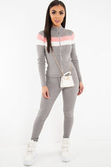 Grey Rib Knit Colour Block Loungewear Set - Jaysie-Loungewear