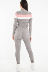 Grey Rib Knit Colour Block Loungewear Set - Jaysie-Loungewear