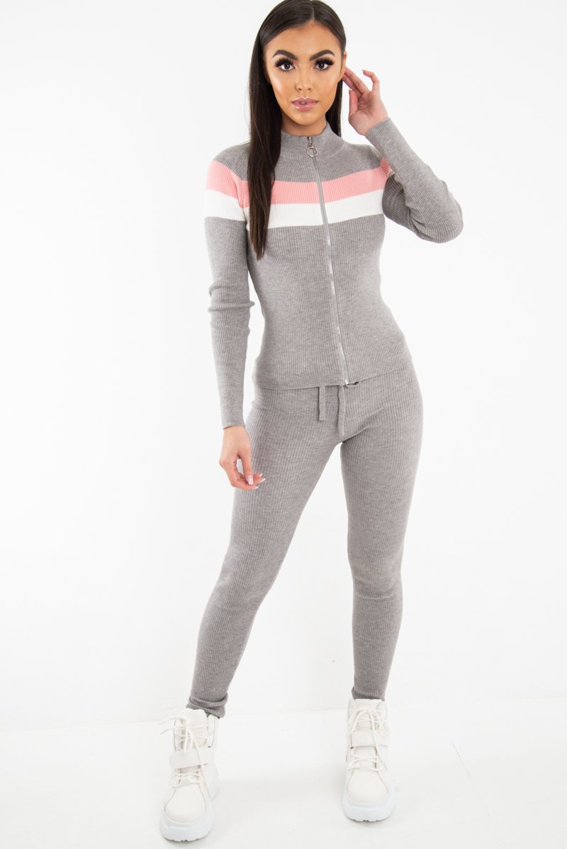 Grey Rib Knit Colour Block Loungewear Set - Jaysie-Loungewear