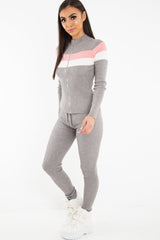 Grey Rib Knit Colour Block Loungewear Set - Jaysie-Loungewear