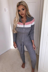 Grey Rib Knit Colour Block Loungewear Set - Jaysie-Loungewear
