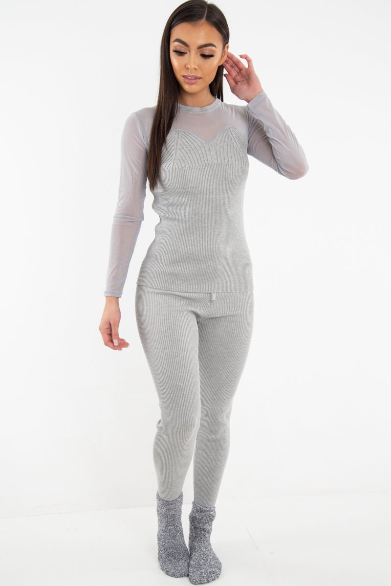 Grey Rib Knit Mesh Insert Loungewear Set - Genavie-Loungewear