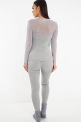 Grey Rib Knit Mesh Insert Loungewear Set - Genavie-Loungewear