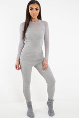 Grey Rib Knit Mesh Insert Loungewear Set - Genavie-Loungewear