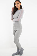 Grey Rib Knit Mesh Insert Loungewear Set - Genavie-Loungewear