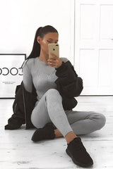 Grey Rib Knit Mesh Insert Loungewear Set - Genavie-Loungewear