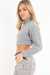 Grey Rib Knit Roll Neck Crop Jumper - Rylan-Crop Jumper