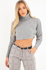 Grey Rib Knit Roll Neck Crop Jumper - Rylan-Crop Jumper