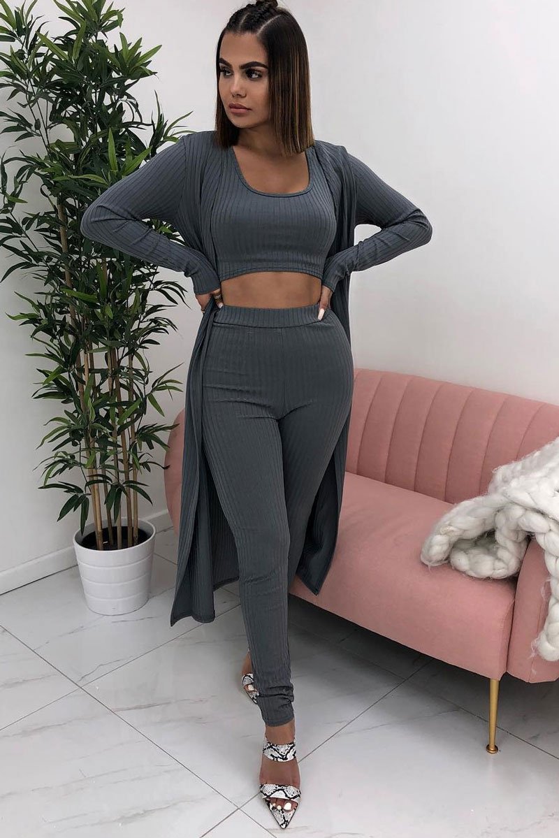 Grey Rib Longline Cardigan - Charlett-Knitwear