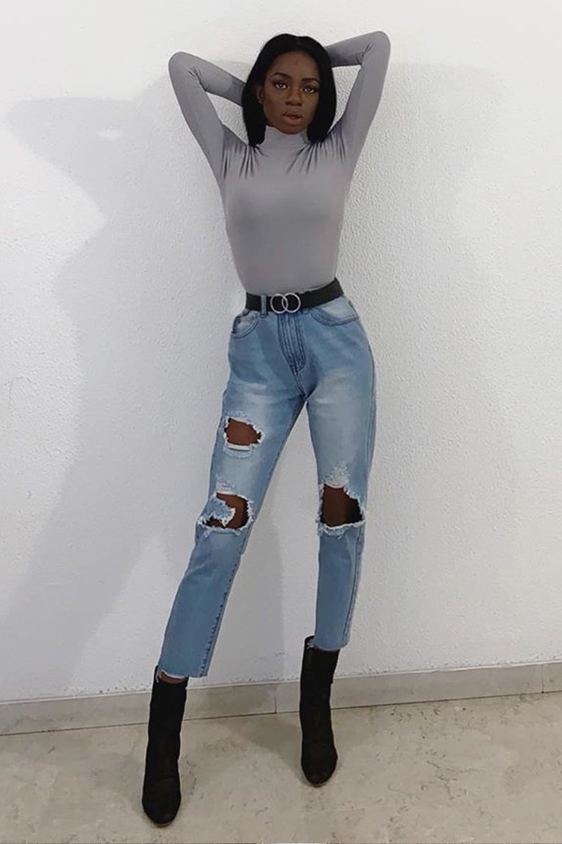 Grey Rib Roll Neck Long Sleeve Top - Marci-Tops