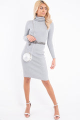 Grey Rib Roll Neck Midi Dress - Ellerie-Dresses
