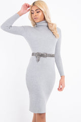 Grey Rib Roll Neck Midi Dress - Ellerie-Dresses