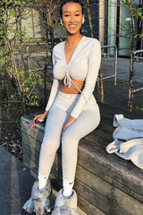 Grey Rib Ruched Front Crop Top Legging Loungewear Co-Ord - Victoria-Loungewear