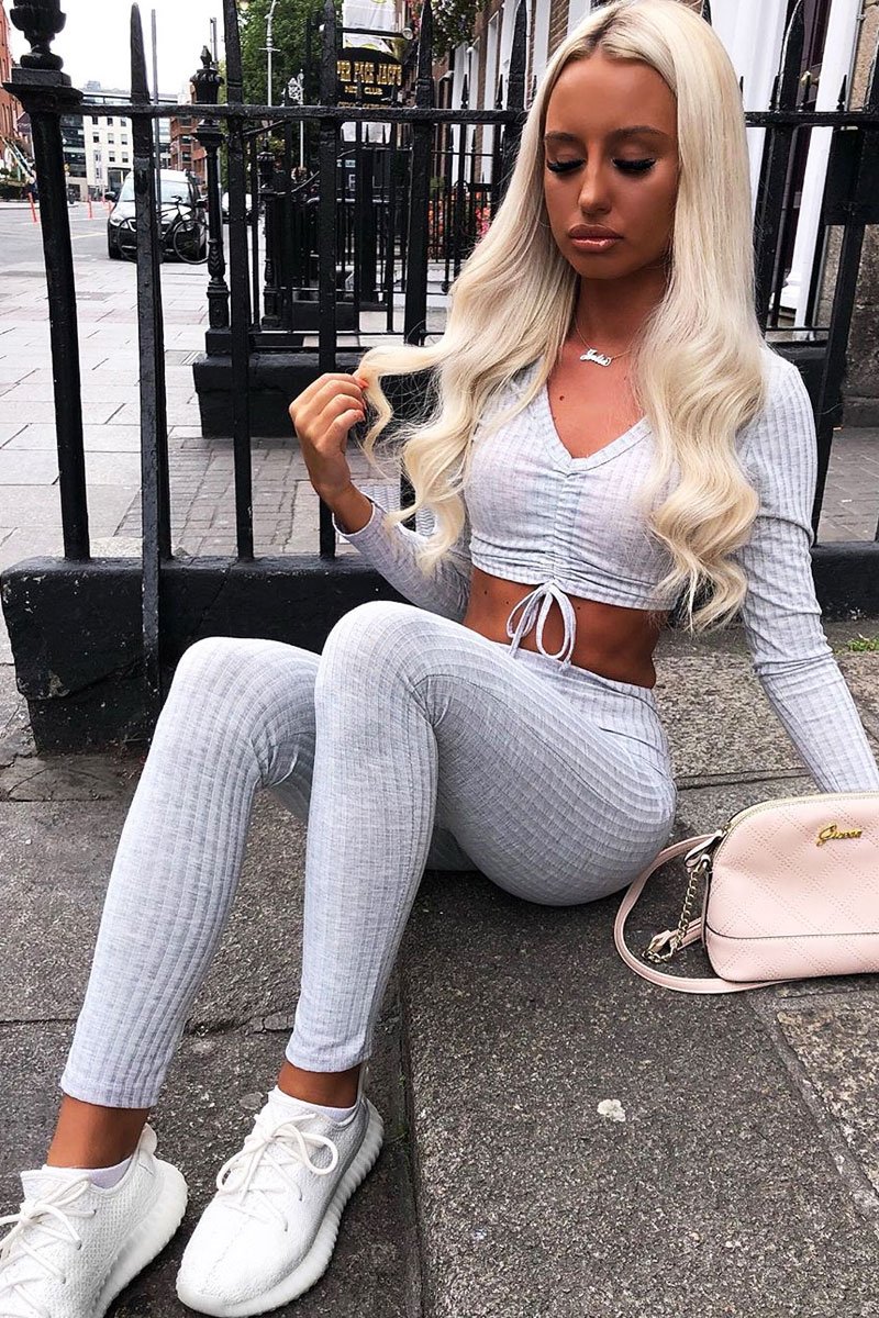 Grey Rib Ruched Front Crop Top Legging Loungewear Co-Ord - Victoria-Loungewear
