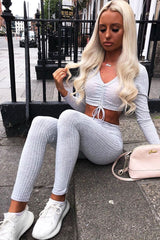 Grey Rib Ruched Front Crop Top Legging Loungewear Co-Ord - Victoria-Loungewear