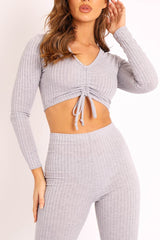Grey Rib Ruched Front Crop Top Legging Loungewear Co-Ord - Victoria-Loungewear