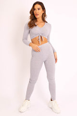 Grey Rib Ruched Front Crop Top Legging Loungewear Co-Ord - Victoria-Loungewear