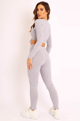 Grey Rib Ruched Front Crop Top Legging Loungewear Co-Ord - Victoria-Loungewear