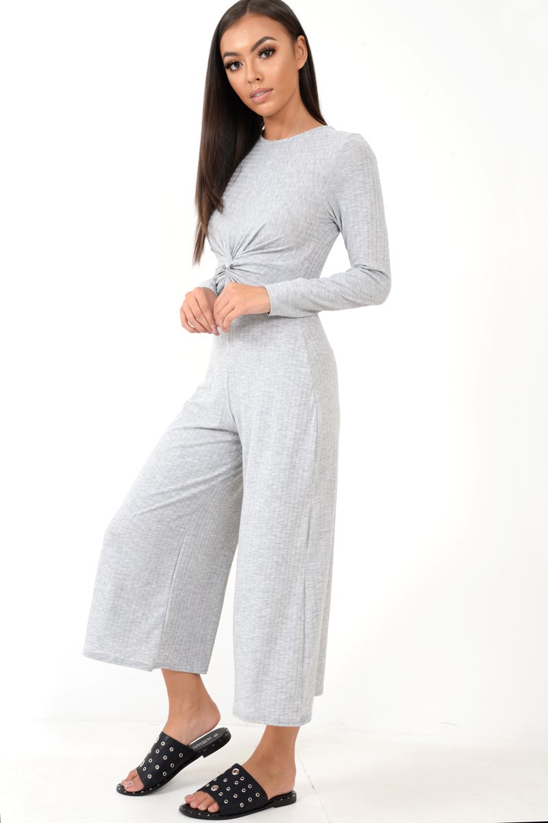 Grey Rib Twist Front Culotte Jumpsuit - Elexis-Jumpsuits